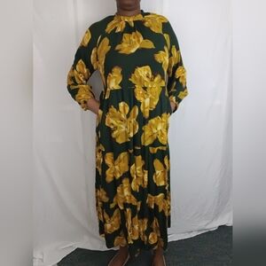 A new day Green and Yellow Floral Long Sleeve Dress